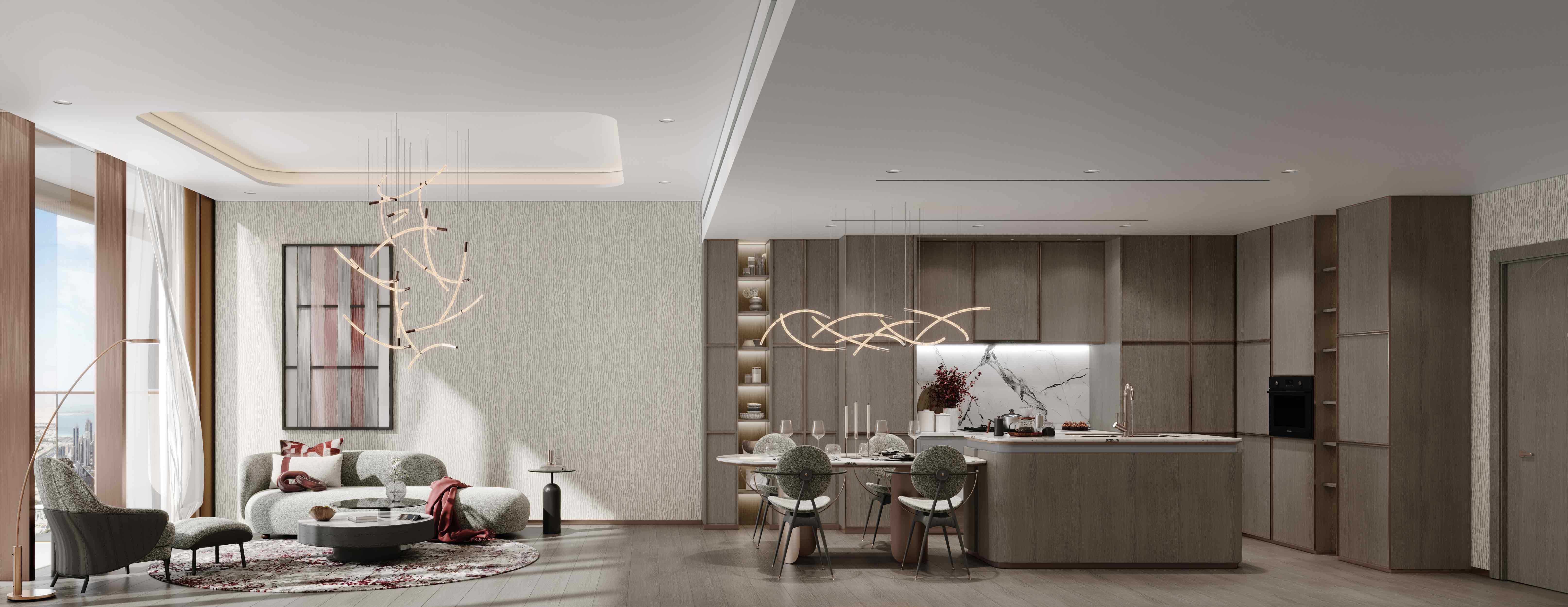 The Symphony By Imtiaz Modern living space featuring a stylish kitchen and lounge area with elegant lighting and contemporary furnishings.